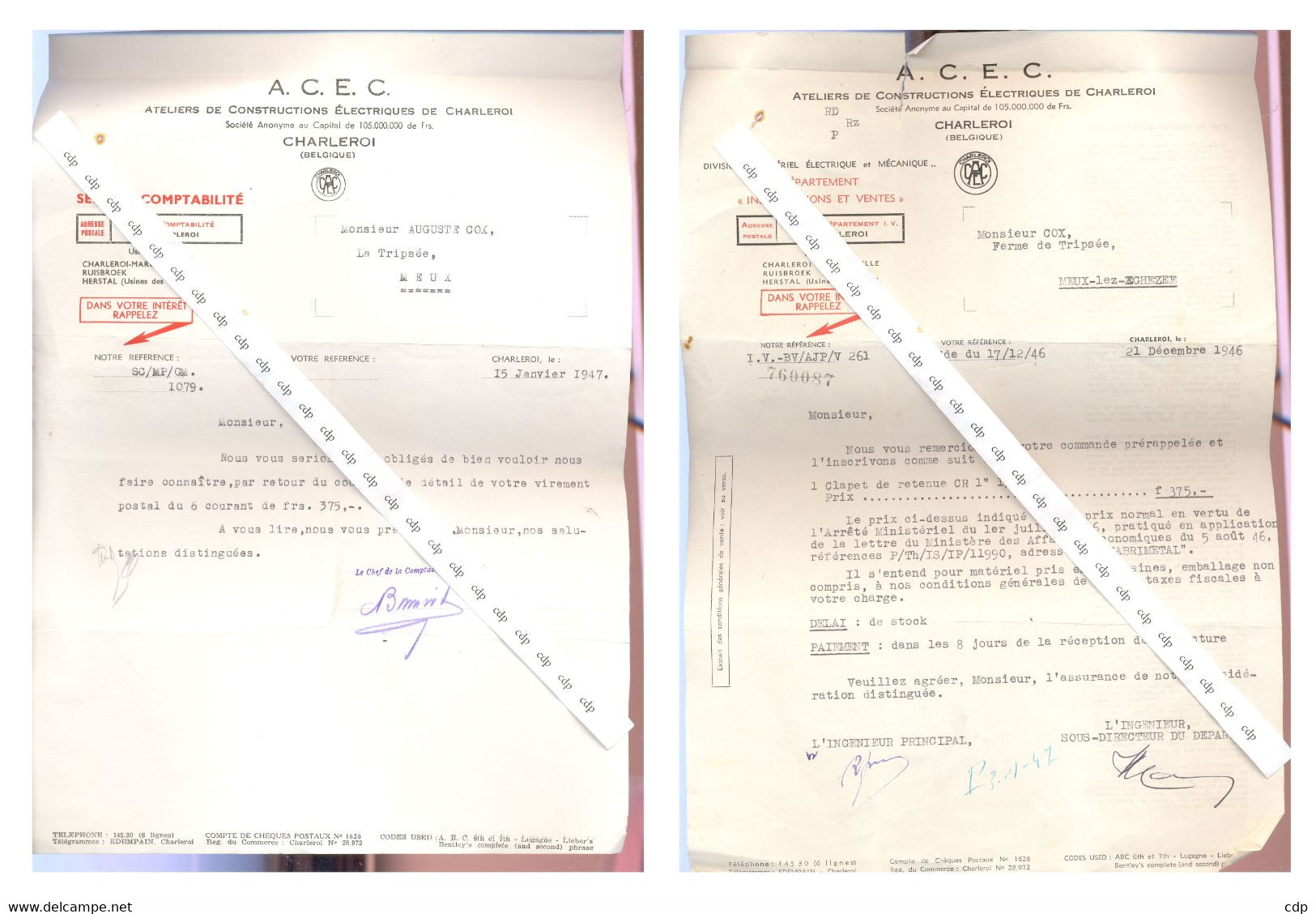 Lot 2 Entêtes ACEC   Vers Ferme Meux   1946-7 - Agriculture