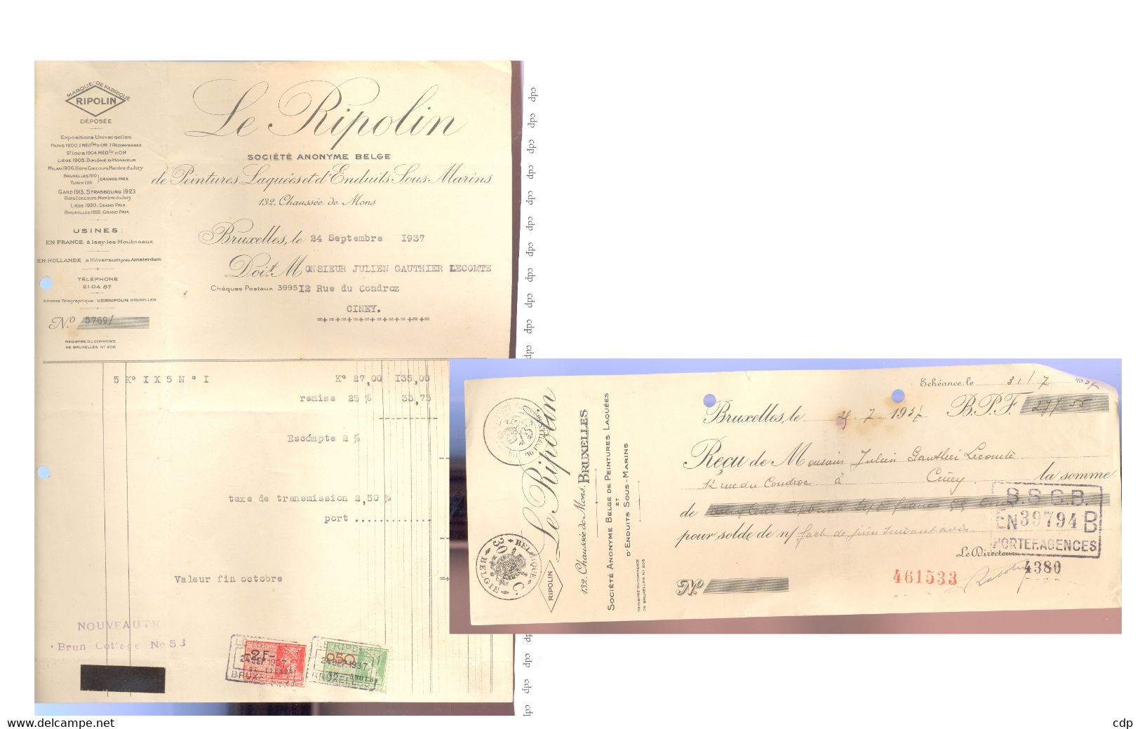 Lot 2 Documents Peintures Vers Ciney   1937 - Droguerie & Parfumerie