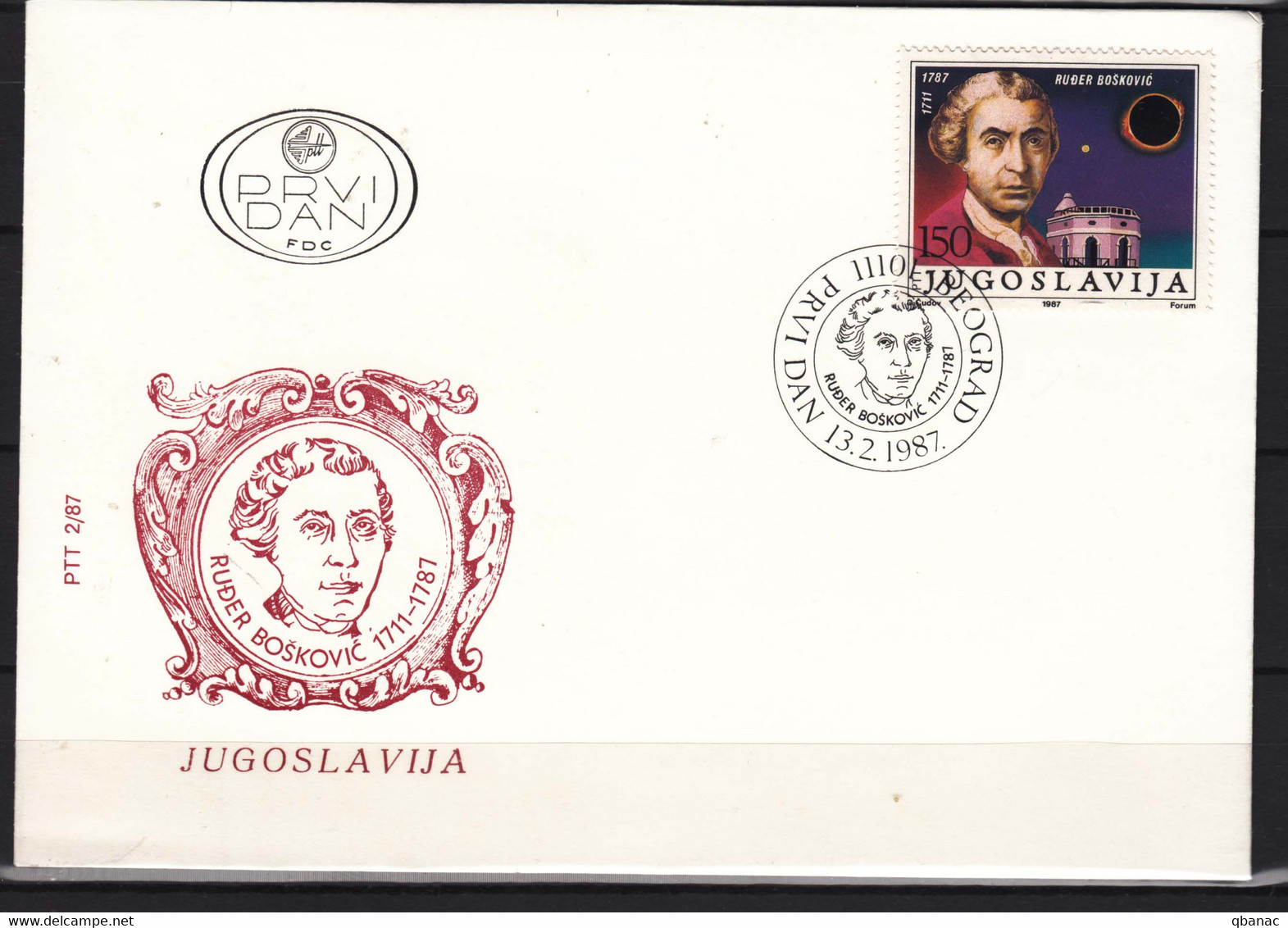 Yugoslavia Republic 1987 Rudjer Boskovic Mi#2210 FDC - Covers & Documents