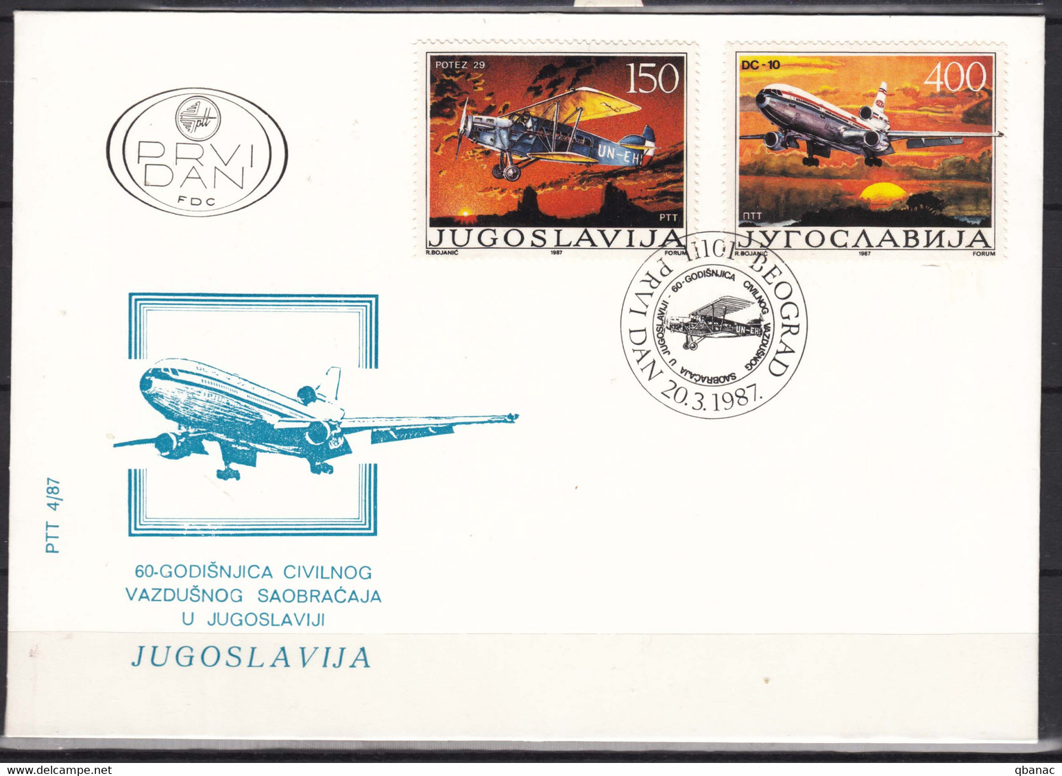 Yugoslavia Republic 1987 Airplanes Mi#2213-2214 FDC - Brieven En Documenten