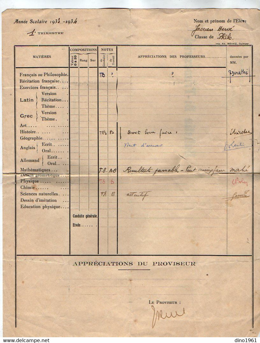 VP20.088 - 1933 - 34 - Lycée La Tour D'Auvergne à QUIMPER - Bulletin Bi - Trimestriel - Elève Hervé JAOUEN - Diploma's En Schoolrapporten