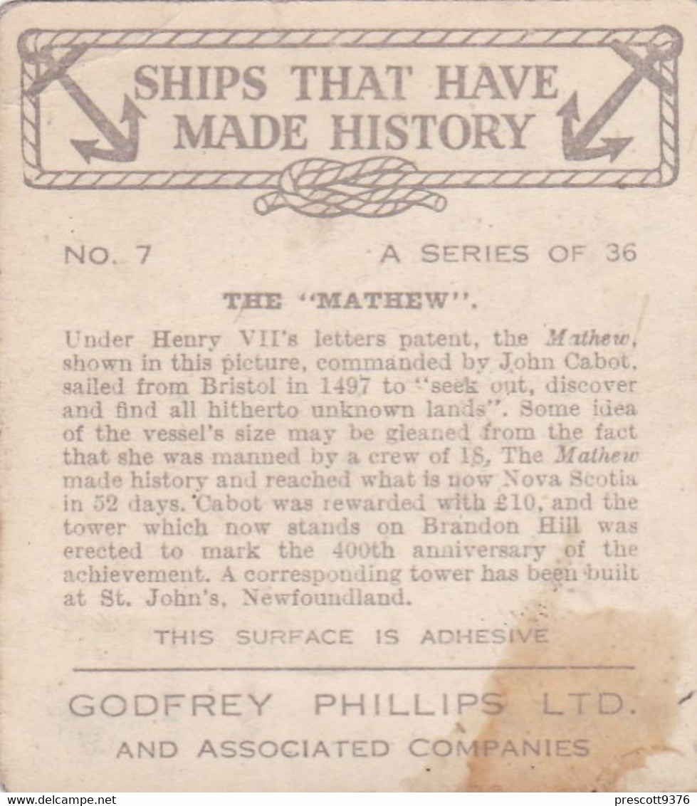 Ships That Have Made History 1938 - 7 The Mathew  -  Phillips Cigarette Card - Original - M Size - Phillips / BDV