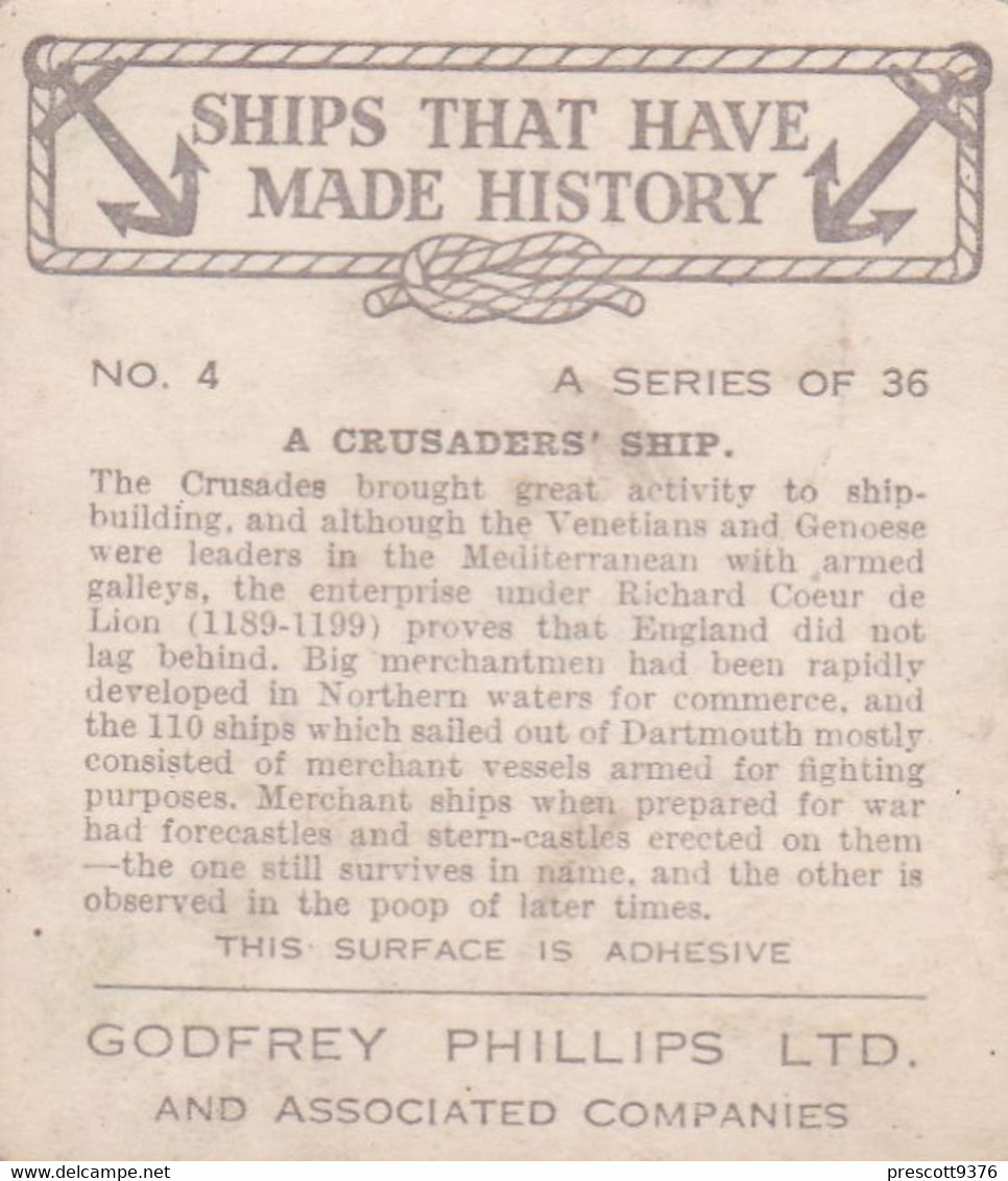 Ships That Have Made History 1938 - 4 A Crusader Ship  -  Phillips Cigarette Card - Original - M Size - Phillips / BDV
