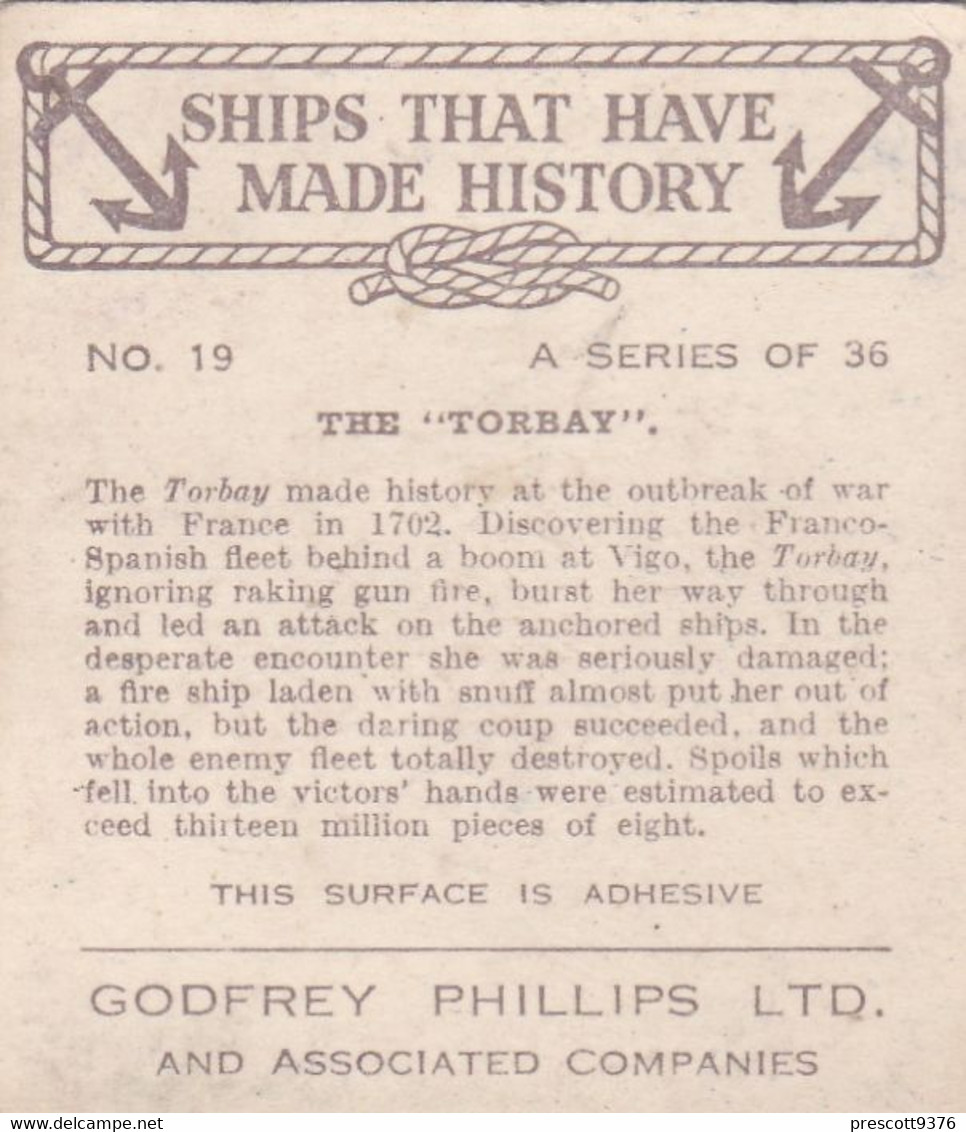 Ships That Have Made History 1938 - 19 The Torbay  -  Phillips Cigarette Card - Original - M Size - Phillips / BDV