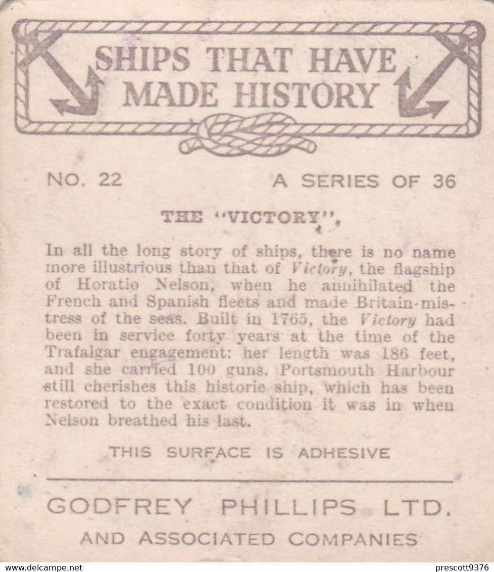 Ships That Have Made History 1938 - 2 HMS Victory -  Phillips Cigarette Card - Original - M Size - Naval Print - Phillips / BDV