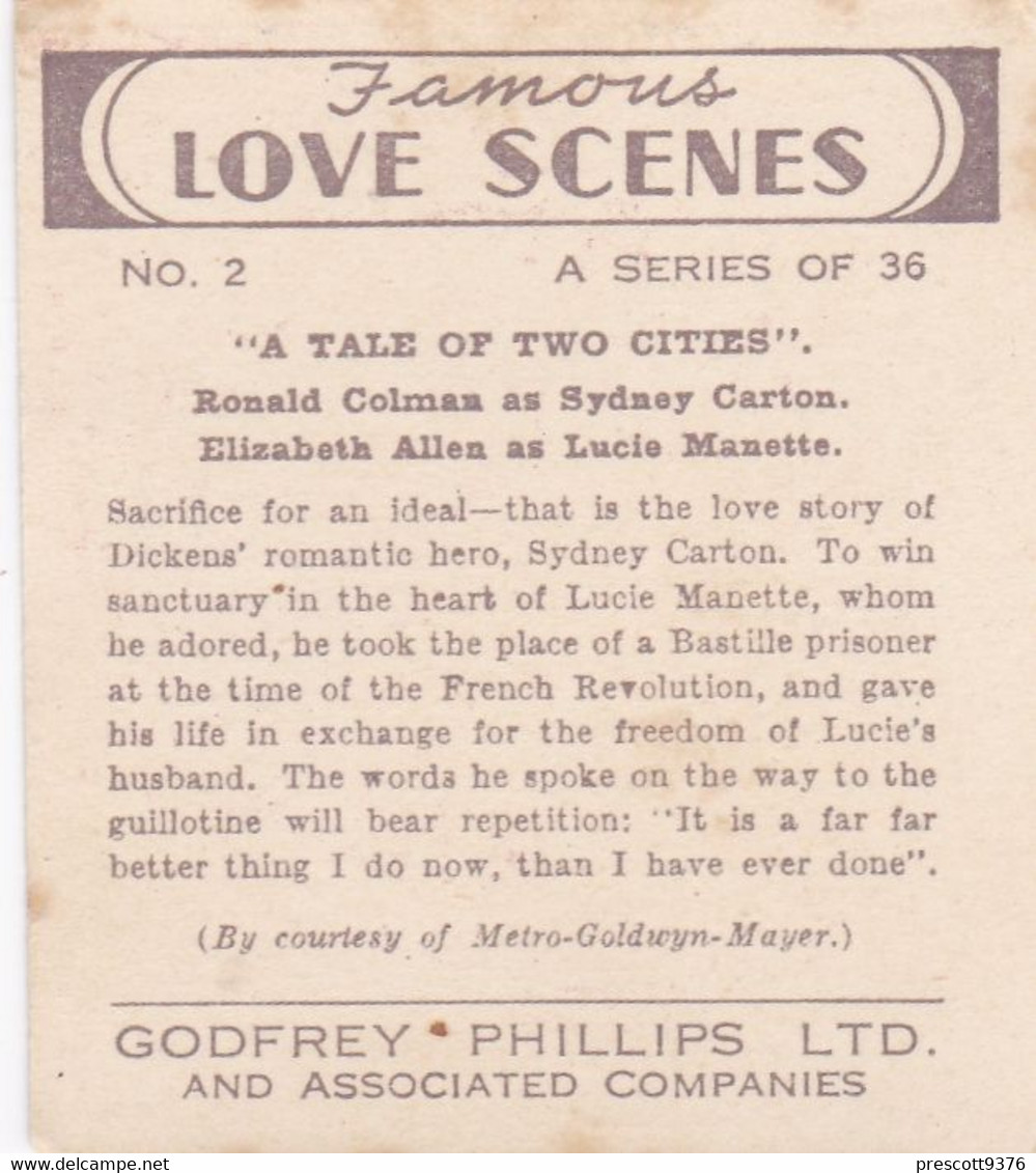 Famous Love Scenes - 2 Ronald Colman Elizabeth Allen, A Tale Of 2 Cities -  Phillips Cigarette Card - Phillips / BDV