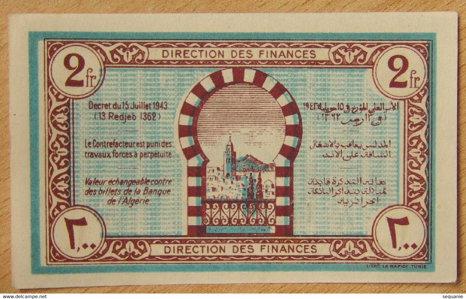 TUNISIE - 2 Francs 1943 - Protectorat Français - Tunisie