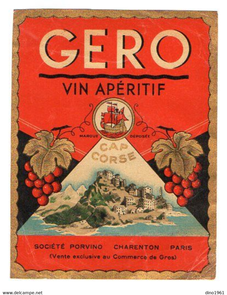 VP20.090 - Etiquette Ancienne De Vin - GERO VIN APERITIF CAP CORSE - Société PORVINO - CHARENTON - PARIS - Autres & Non Classés