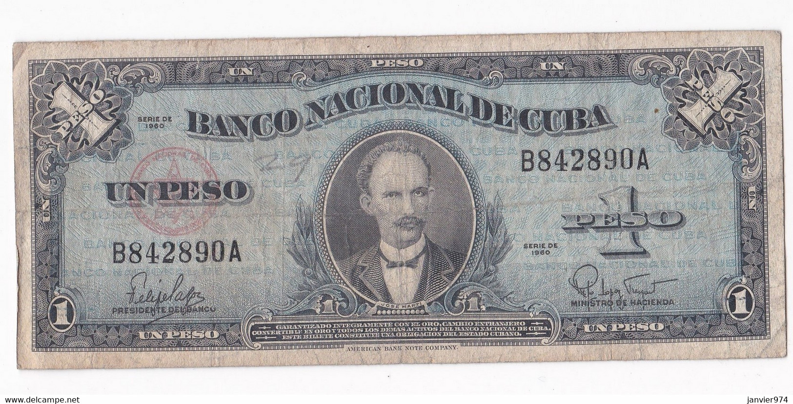 Cuba 1 Peso José Martí 1960, N° B842890A , Billet Ayant Circulé - Kuba