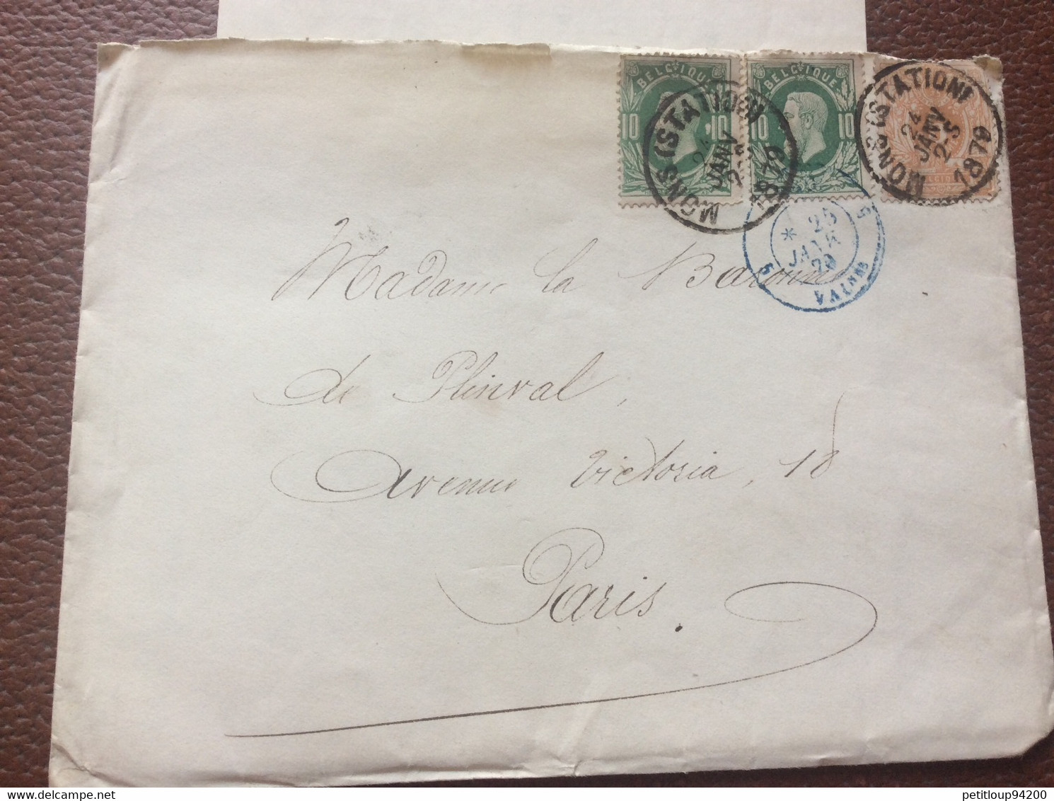 LETTRE BELGIQUE   PAIRE  *10 Vert  LEOPOLD Ll  *5 Centimes Rouge LION COUCHÉ AVEC ARMOIRIES  Mons>Paris  ANNÉE 1879 - Letter Covers