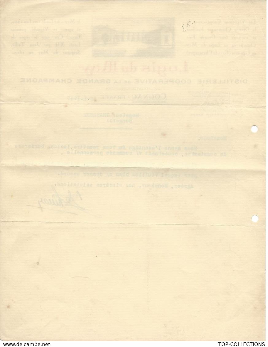 1947 VINS ALCOOL VIGNERONS SUPERBE ENTETE LOGIS DU MAY DISTILLERIE GRANDE CHAMPAGNE Cognac Pour Chabbert Bergerac - 1900 – 1949