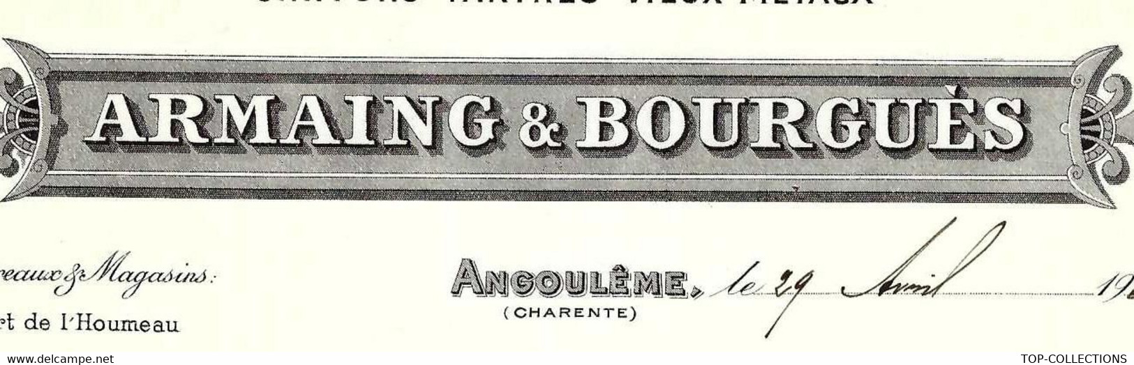 1908 CHIFFONS TARTRES VIEUX METAUX RECUPERATION ARMAING ET BOURGUES Angoulème Charente B.E.VOIR SCANS - 1900 – 1949