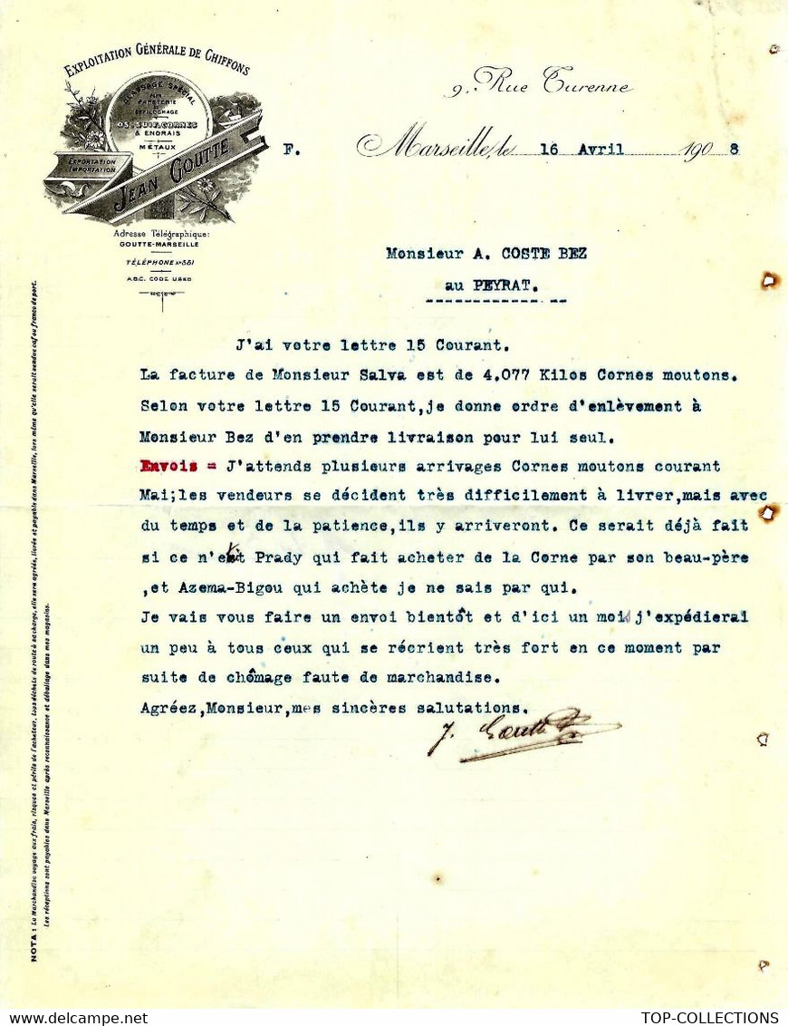1908 MARSEILLE EXPLOITATION GENERALE DE CHIFFONS Jean Goutte Pour Coste Bez Le Peyriat Ariège Cornes Moutons V.SCANS - 1900 – 1949