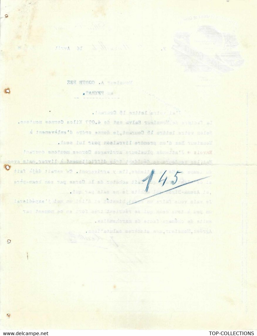 1908 MARSEILLE EXPLOITATION GENERALE DE CHIFFONS Jean Goutte Pour Coste Bez Le Peyriat Ariège Cornes Moutons V.SCANS - 1900 – 1949