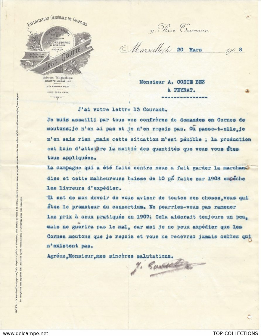 1908 MARSEILLE EXPLOITATION GENERALE DE CHIFFONS Jean Goutte Pour Coste Bez Le Peyriat Ariège Cornes Moutons V.SCANS - 1900 – 1949