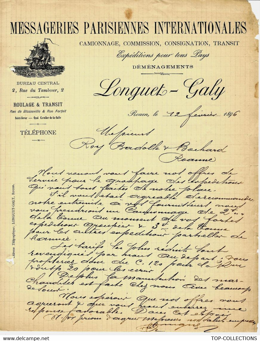 1896 ENTETE MESSAGERIES PARISIENNES INTERNTIONALES Longuet Galy EXPEDITIONS POUR TOUS PAYS Rouen  Pour Roanne V.SCANS - 1800 – 1899