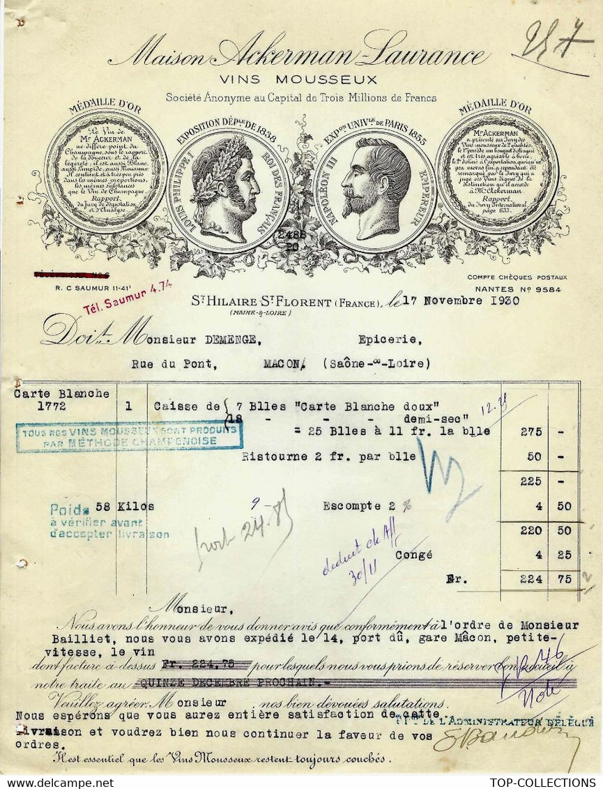 1930 VIN MOUSSEUX MAISON ACKERMAN LAURANCE à ST HILAIRE ST FLORENT Maine Et Loire => Demenge Macon Saone Et Loiree SCANS - 1900 – 1949