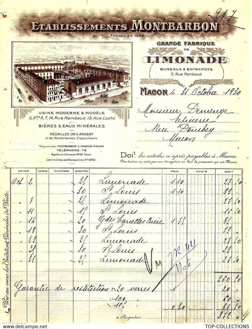 1930  ETABLISSEMENTS MONTBARDON à Macon Saone Et Loire Grande Fabrique De Limonade Pour Demenge Macon B.E.VOIR SCANS - 1900 – 1949