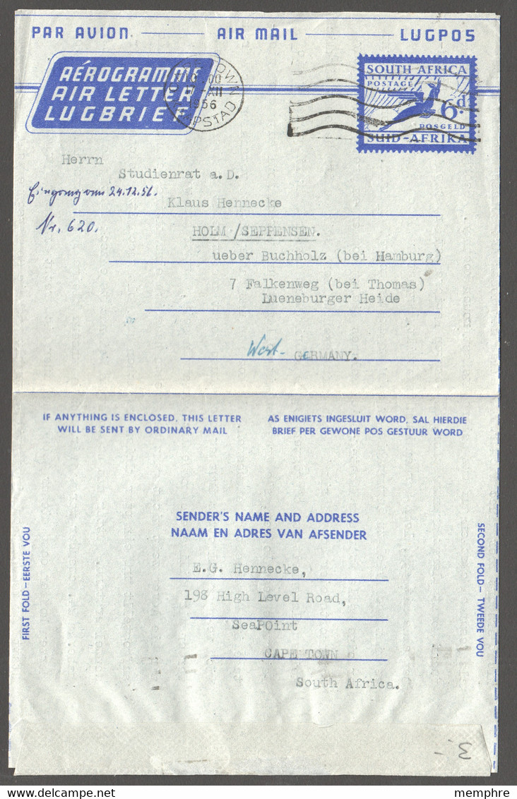 1955  "Posgeld" 6d. Air Letter  Used  To West Germany - Poste Aérienne