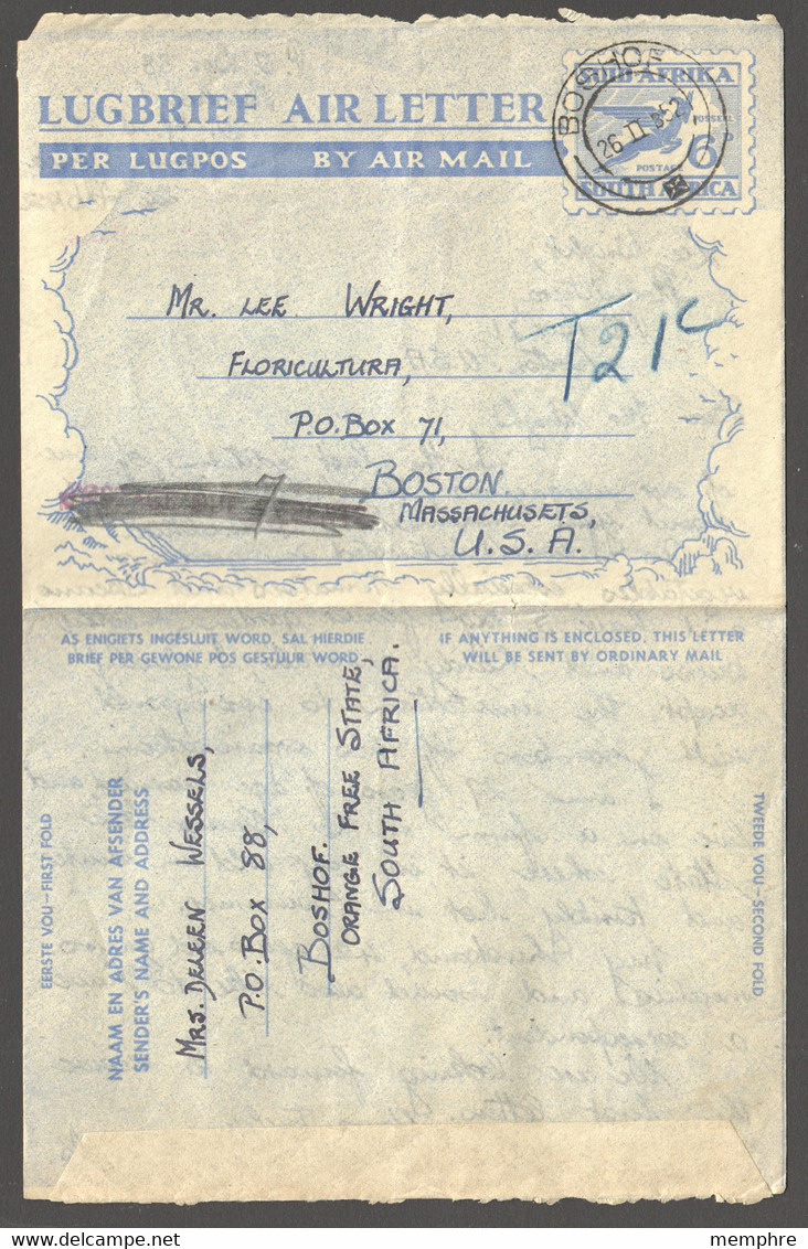 1949  Springbock 6d. Air Letter  Used To USA  Cancelled Tax Due Marking - Aéreo