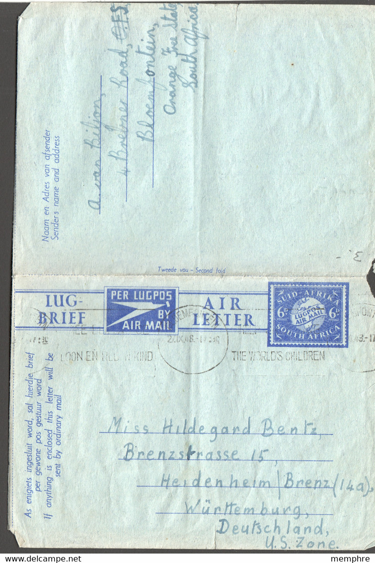 1948  Globe Afrikans / English  6d.  Air Letter To Germany - Aéreo