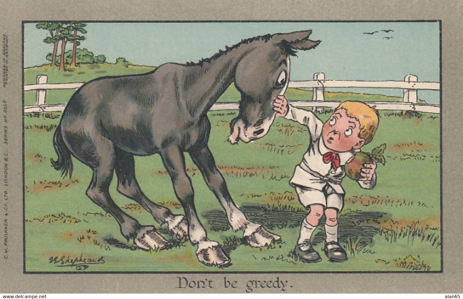 Artist Image GE Shepheard 'Dont Be Greedy' Horse Boy Humor, C1910s Vintage Postcard - Shepheard