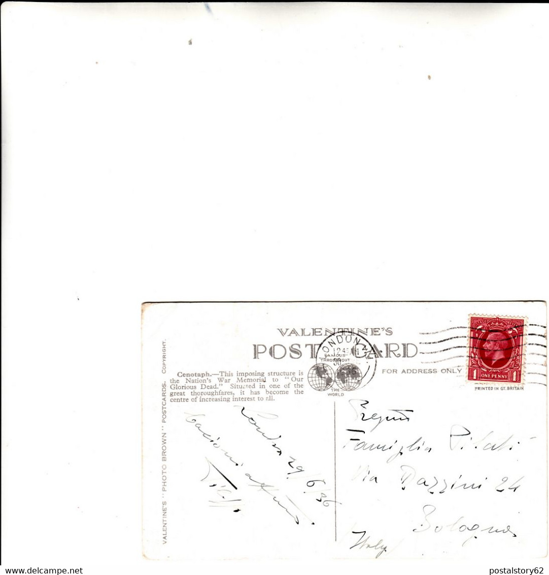 Londra To Bologna Su Post Card 1936 - Covers & Documents