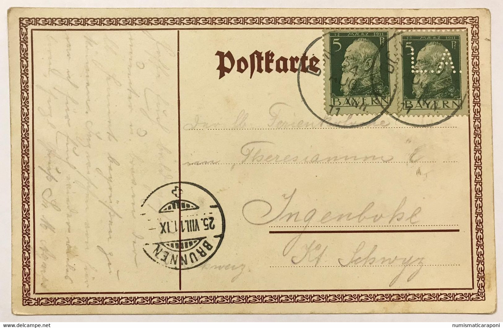 Bayern 2 X 5 Pfennig Di Cui 1 Perfin Su Cartolina Germania  VIAGGIATA  1911 COD.C.3815 - Wolfratshausen