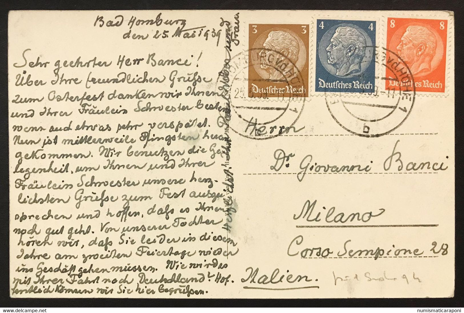 Deutsches Reich 3 4 8 Hindeburg Cartolina Affrancatura Tricolore Germania  VIAGGIATA  1939 COD.C.3821 - Wolfratshausen