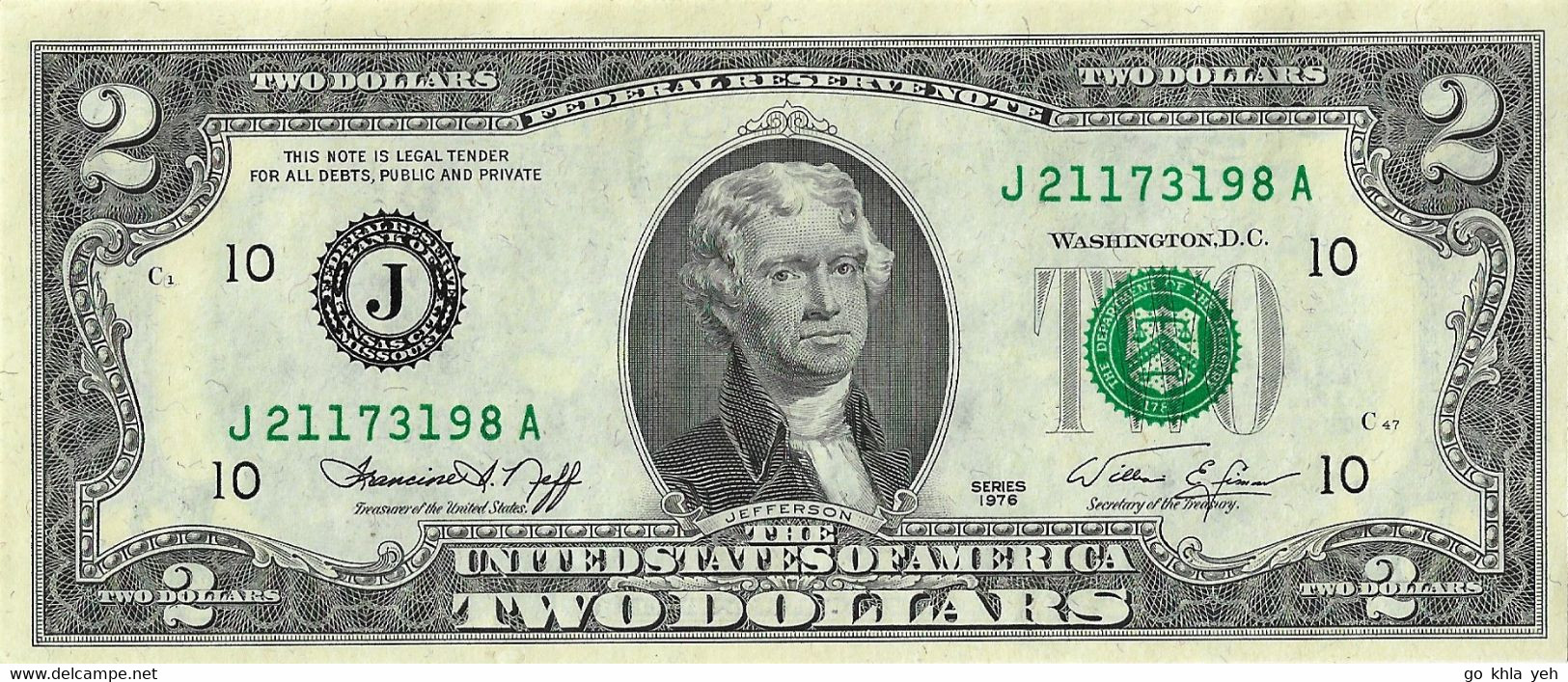 ETATS-UNIS 1976 2 Dollar - P461-J10 Kansas City Neuf UNC - Billets De La Federal Reserve (1928-...)