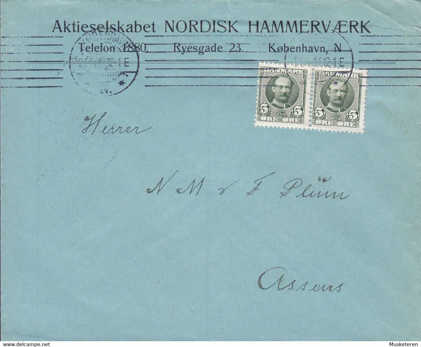Denmark Aktieselskabet NORDISK HAMMERVÆRK, TMS Cds. KJØBENHAVN N. 1911 Cover Brief ASSENS (Arr.) 2x Fr. VIII. - Brieven En Documenten