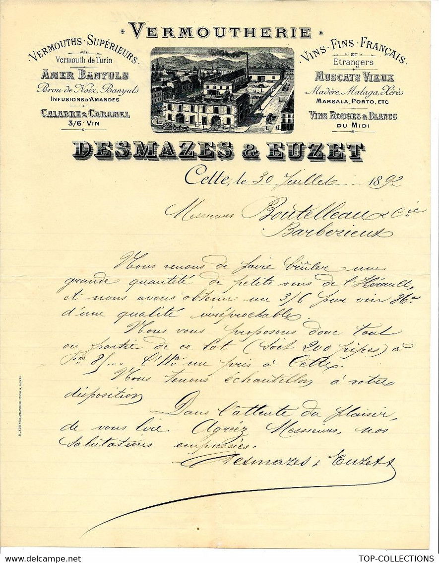 1892 DISTILLERIE ALCOOL ENTETE VERMOUTHERIE  DESMAZES  EURET Cette  Sète (Hérault)  Boutelleau à Barbezieux (Charente) V - 1800 – 1899