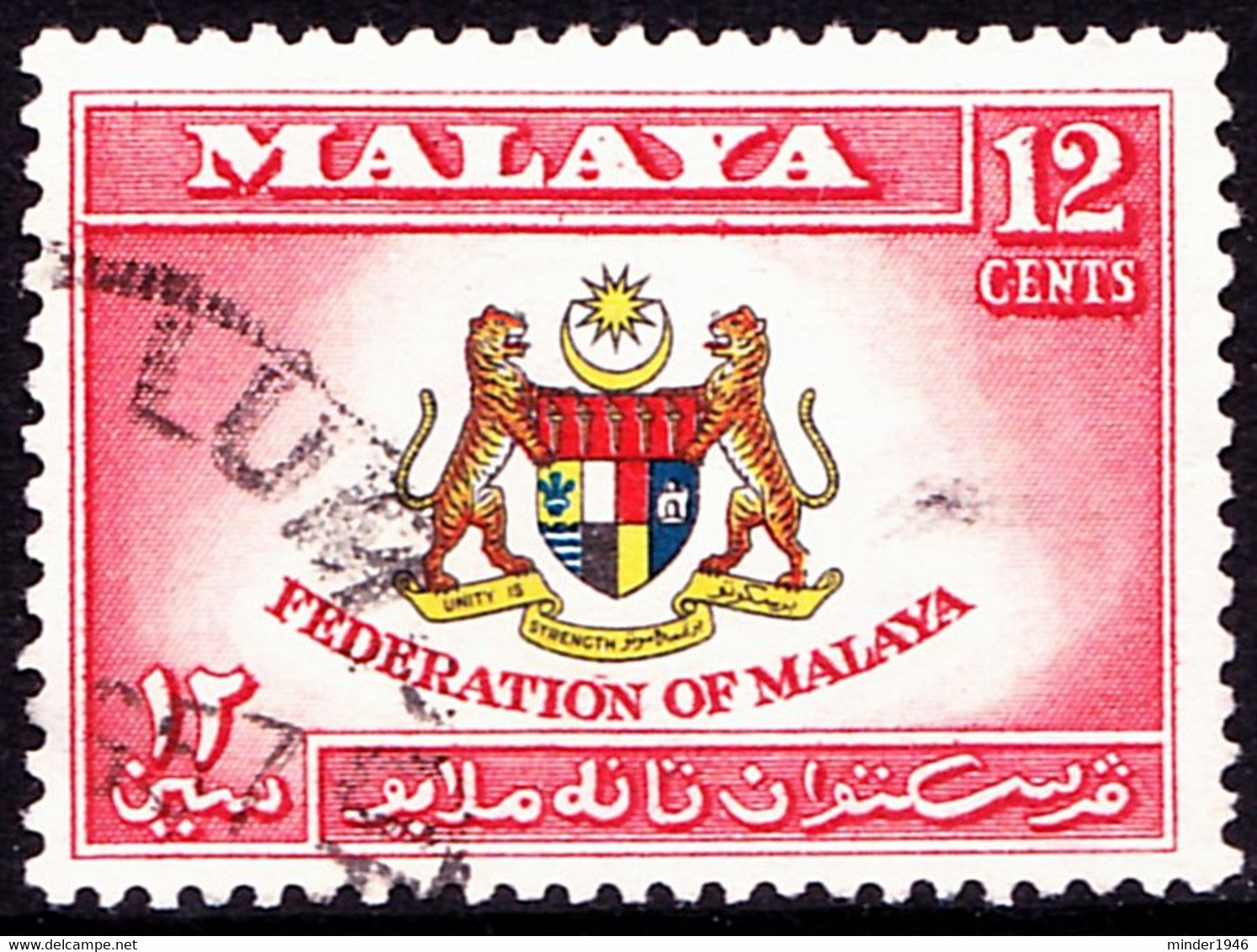 MALAYAN FEDERATION 1957 12c Red, Yellow, Blue, Black & Scarlet, Fed Coat Of Arms SG2 FU - Federation Of Malaya