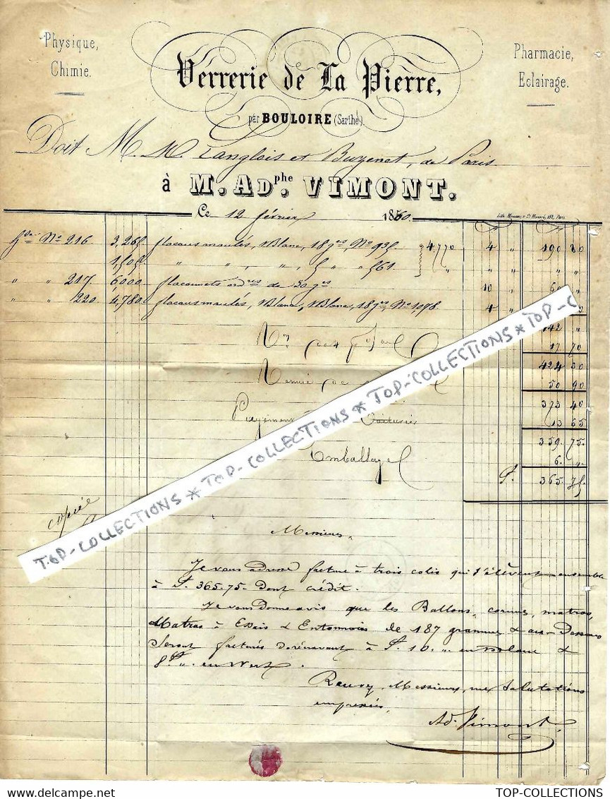 1860 VERRERIE DE LA PIERRE ADOLPHE VIMONT à COUDRECIEUX Par BOULOIRE (Sarthe ) => LANGLOIS BUZENET PARIS SCANS+ HIST - 1800 – 1899