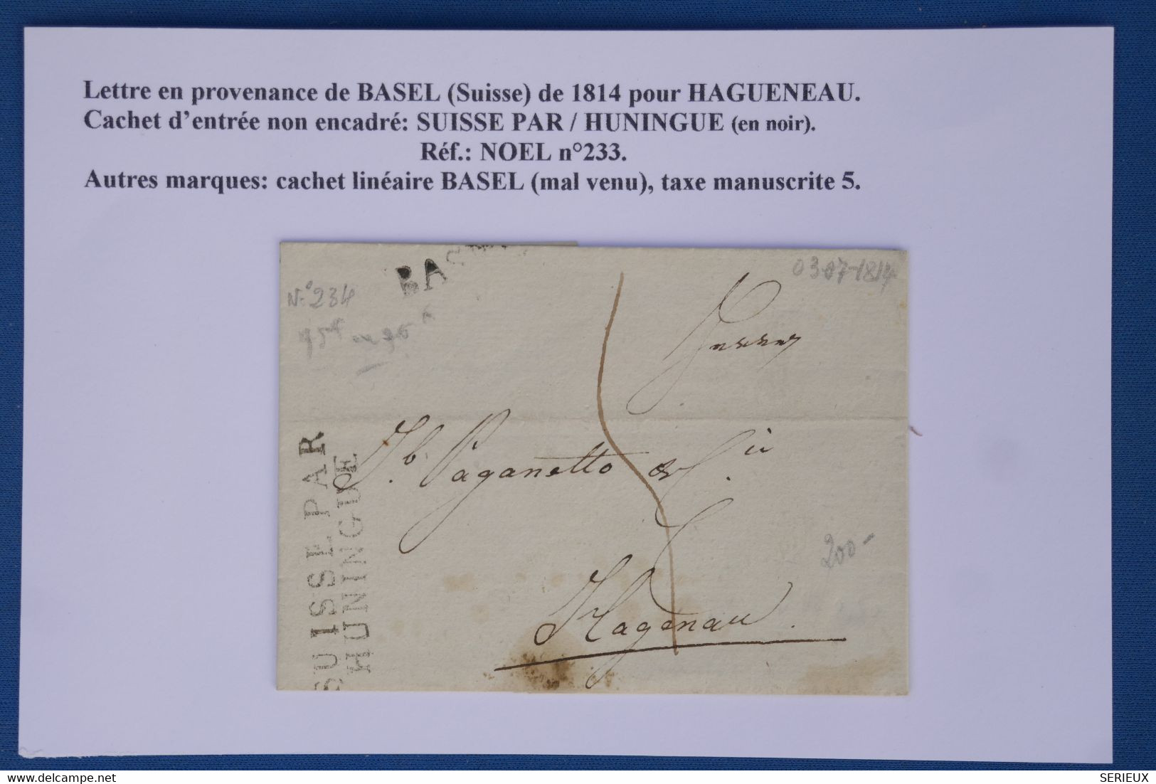 AZ1  SUISSE   BELLE LETTRE RR 1814 BASEL A  HAGUENAU   FRANCE VIA HUNINGUE ++AFFRANCH. INTERESSANT - ...-1845 Prefilatelia