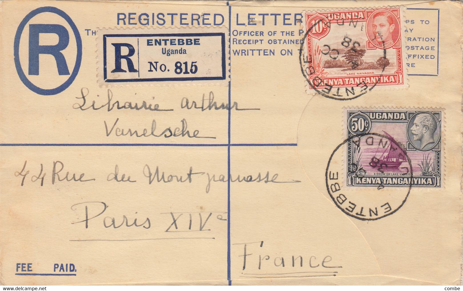 COVER. 1938. REGISTERED ENTEBBE. UGANDA. TO PARIS - Other & Unclassified