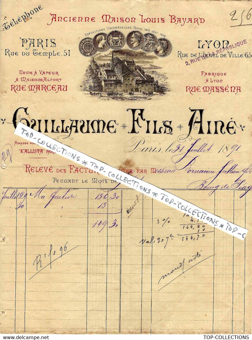 1891 SUPERBE ENTETE GUILLAUME Fils & Ainé Paris Et Lyon Usine à Maisons Alfort Près Paris TISSAGE CHAPELLERIE Pour Borna - 1800 – 1899