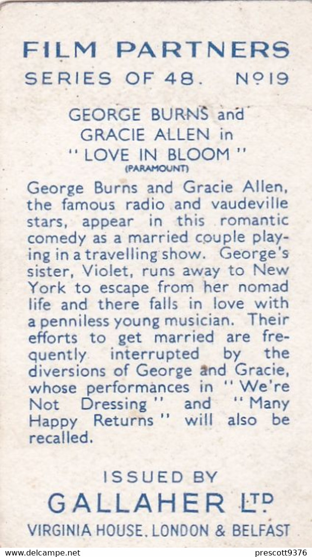 Film Partners 1935 - 19 George Burns Gracie Allen "Love In Bloom"   - Gallaher Cigarette Card - Original- Film Star - Gallaher