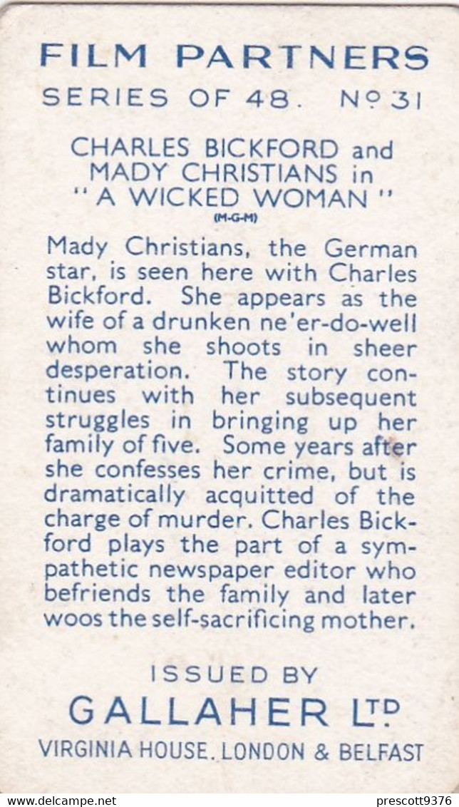 Film Partners 1935 - 31 Charles Bickford Mady Christians "Wicked Woman"  - Gallaher Cigarette Card - Original- Film Star - Gallaher