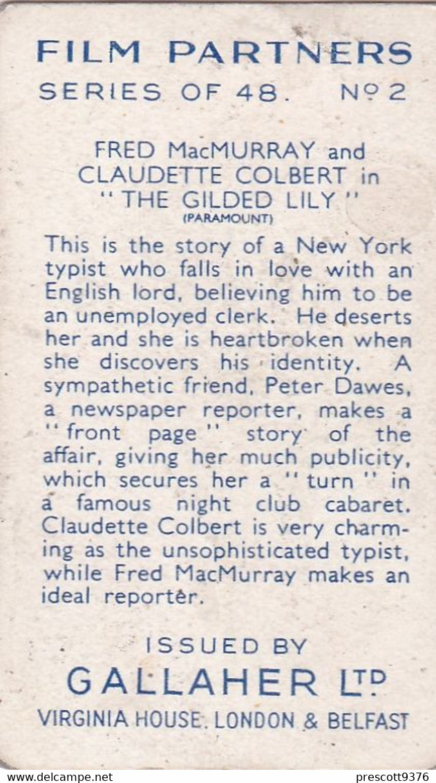 Film Partners 1935 - 2 Fred MacMurray Claudette Colbert "Gilded Lily"  - Gallaher Cigarette Card - Original - Gallaher