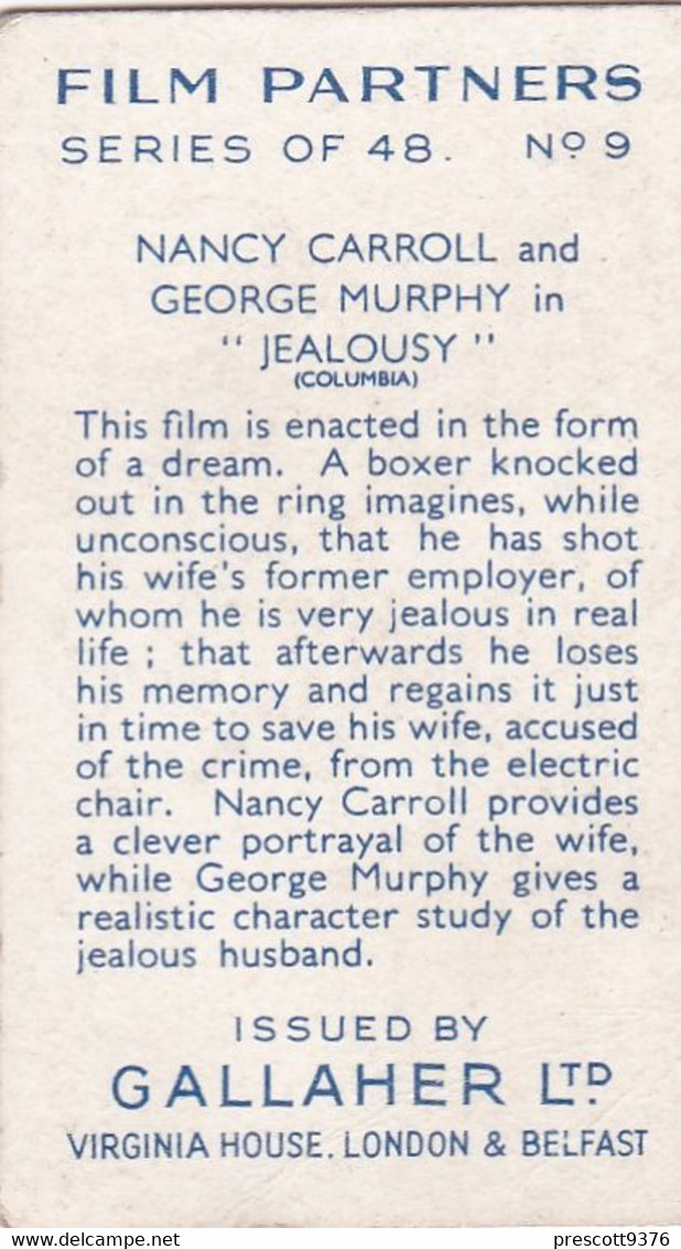 Film Partners 1935 - 9 Nancy Carroll George Murphy "Jealousy"  - Gallaher Cigarette Card - Original - Gallaher