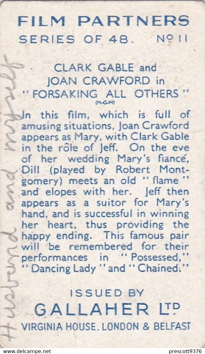 Film Partners 1935 - 11 Clark Gable Joan Crawford "Forsaking All Others"  - Gallaher Cigarette Card - Original - Gallaher