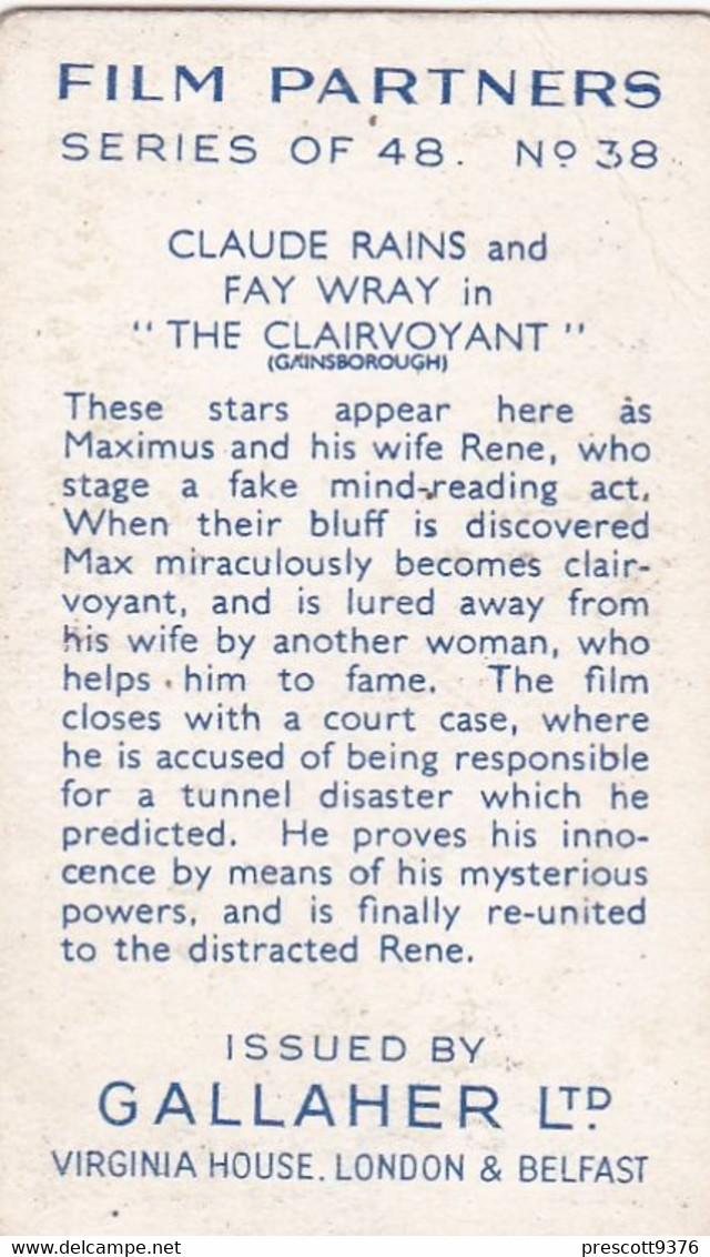 Film Partners 1935 - 38 Claude Rains Fay Wray The Claircoyant"  - Gallaher Cigarette Card - Original - Gallaher