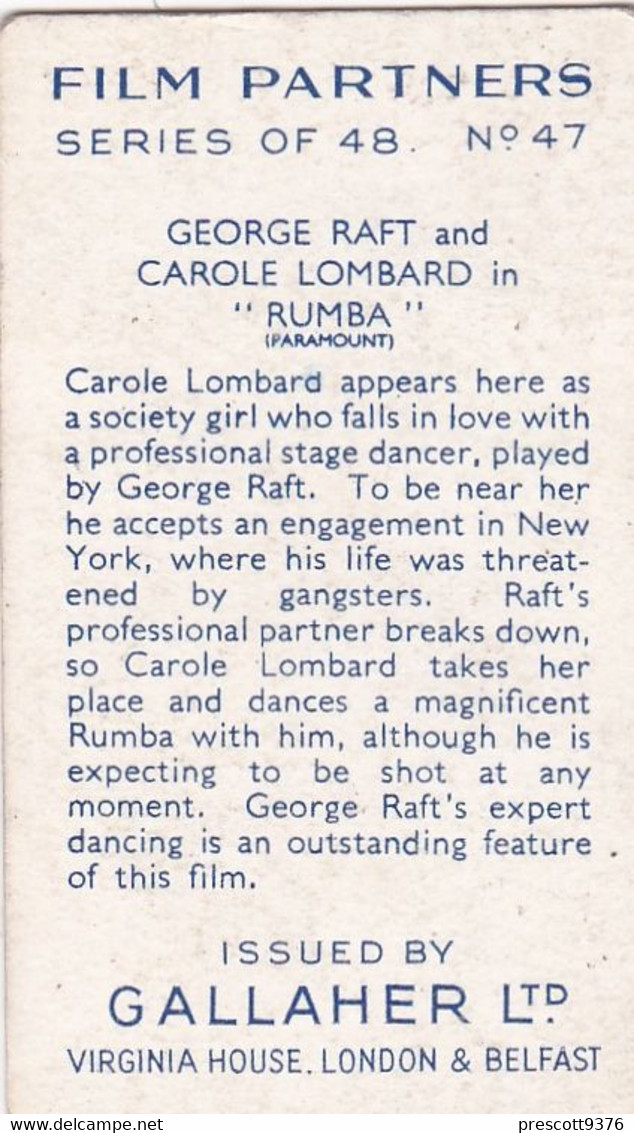 Film Partners 1935 - 47 George Raft Carole Lombard "Rumba"  - Gallaher Cigarette Card - Original - Gallaher