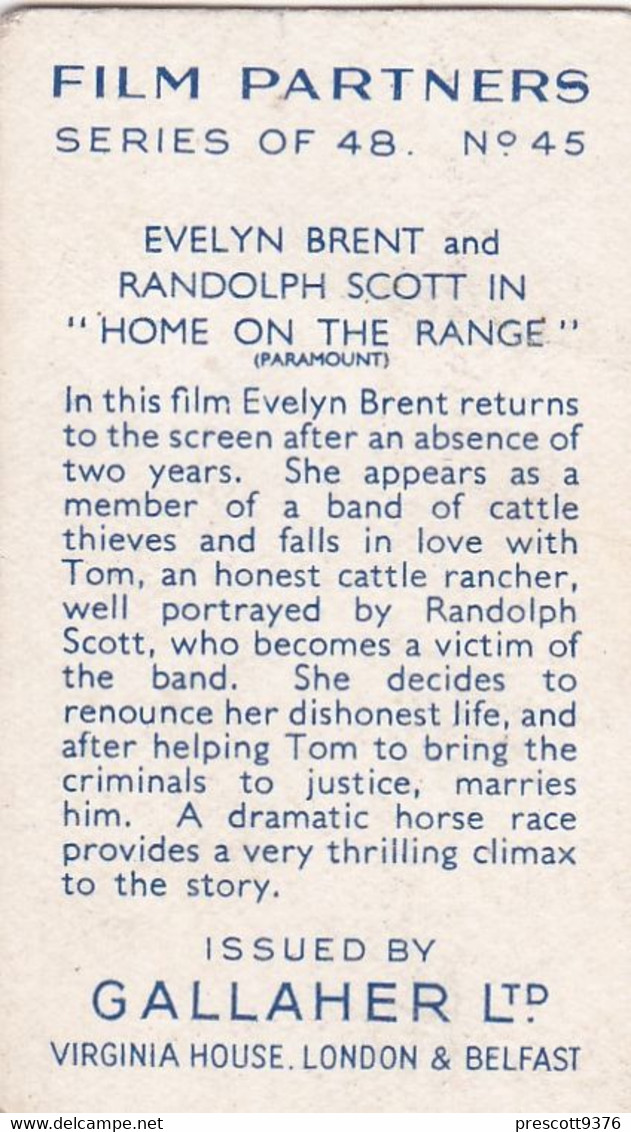 Film Partners 1935 - 45 Randolph Scott Evelyn Brent "Home On The Range"  - Gallaher Cigarette Card - Original - Gallaher