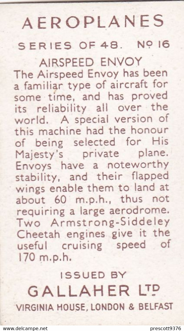 Aeroplanes 1939 - 16 Airspeed Envoy - Gallaher Cigarette Card - Original, Military Aircraft - Gallaher