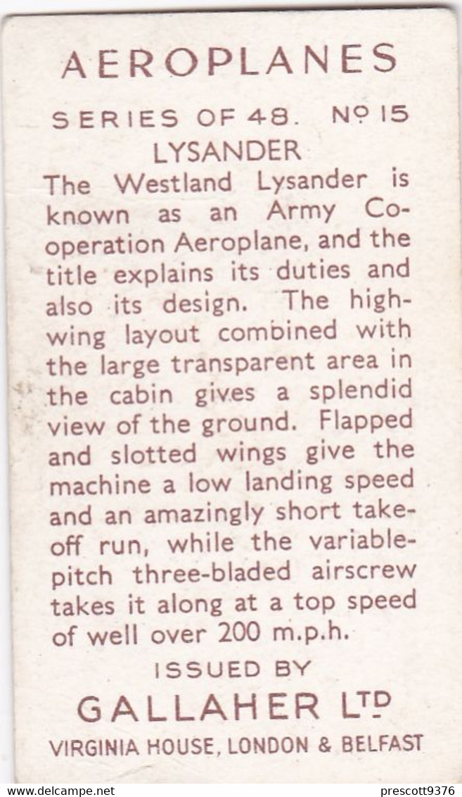 Aeroplanes 1939 - 15 Lysander - Gallaher Cigarette Card - Original, Military Aircraft - Gallaher