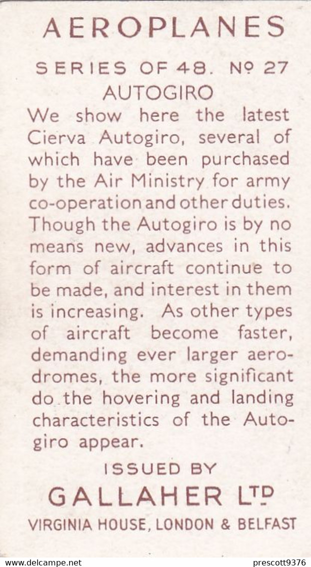 Aeroplanes 1939 - 27 Cierva Autogiro - Gallaher Cigarette Card - Original, Military Aircraft - Gallaher