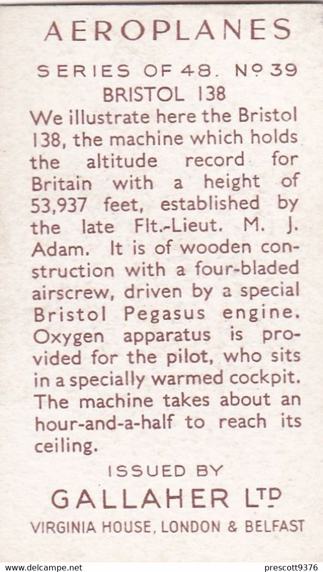 Aeroplanes 1939 - 39 Bristol 138 (High Altitude Record) - Gallaher Cigarette Card - Original, Military Aircraft - Gallaher