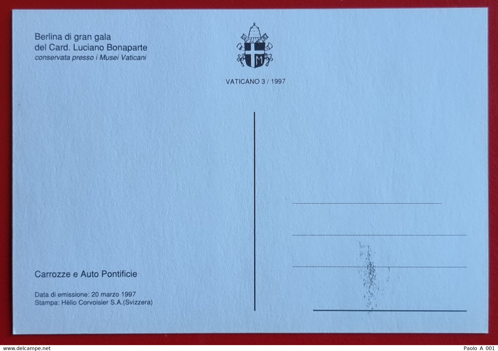 VATICANO VATIKAN VATICAN 1997 CAROZZE AUTO PONTIFICE POPE COACH CARS LIMOUSINE MAXIMUM-CARD BERLINA CARDINALE BONAPARTE - Lettres & Documents